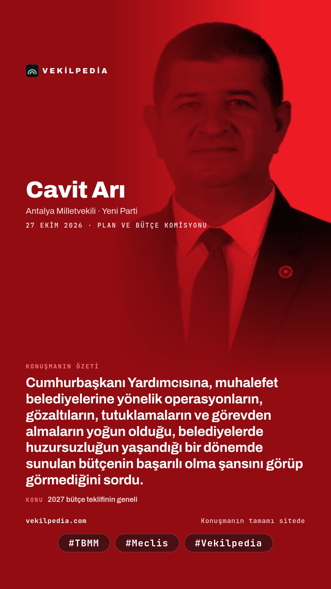 Arı: Belediyelere operasyonların sürdüğü dönemde bütçenin başarı şansı var mı? — Instagram paylaşımı