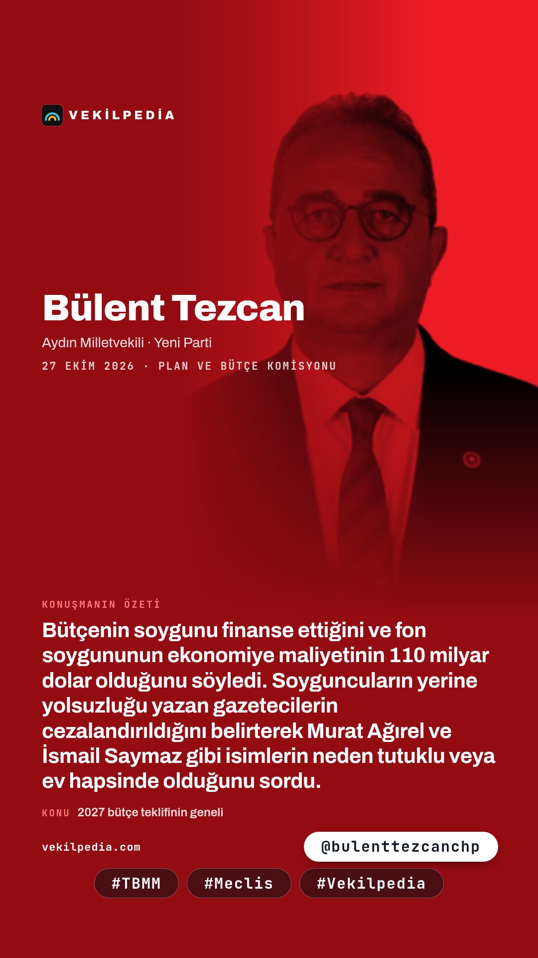 Tezcan: Bütçe soygunu finanse ediyor, yolsuzluğu yazan gazeteciler cezalandırılıyor — Instagram paylaşımı