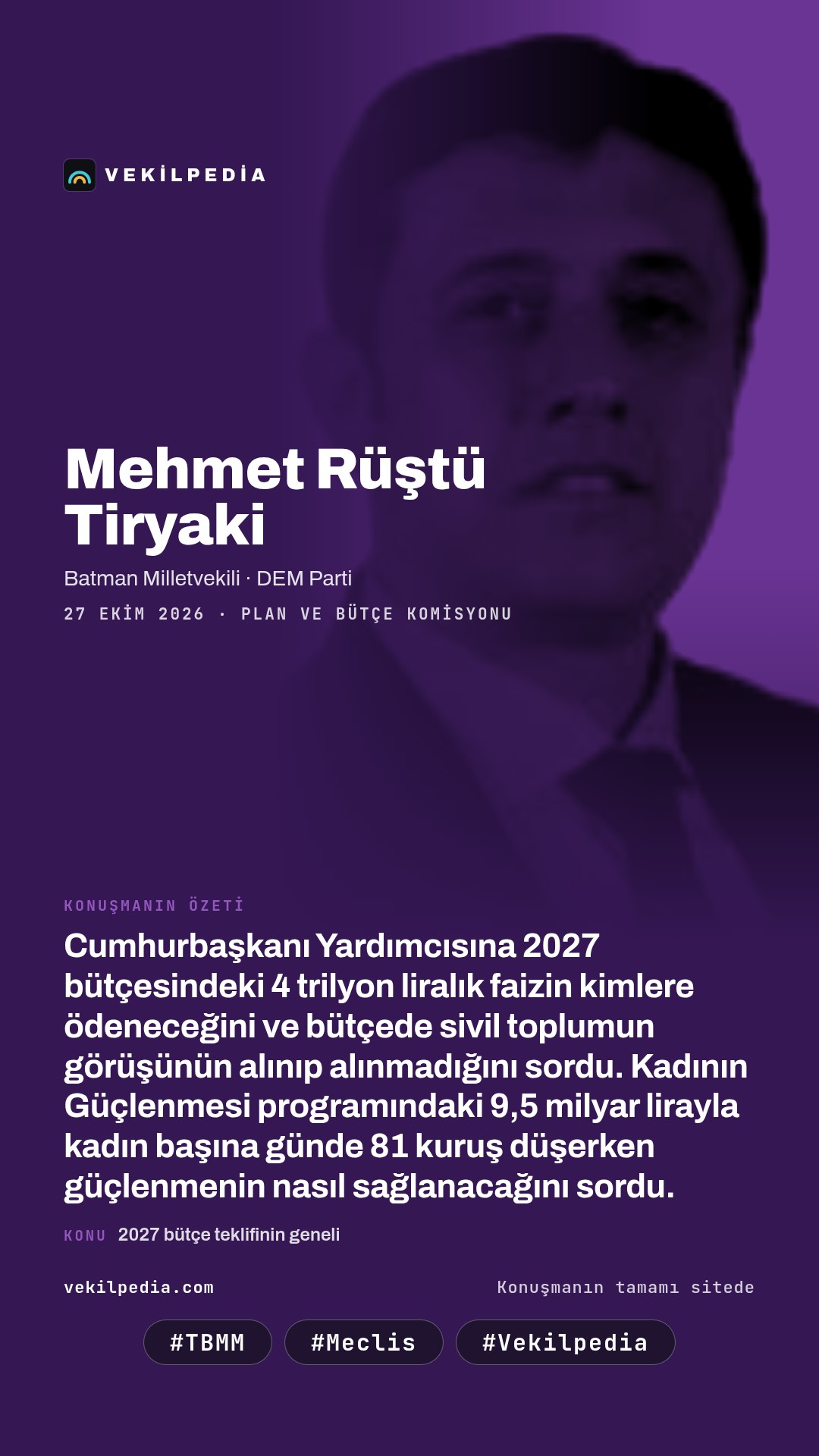 Tiryaki: Günde 81 kuruşla kadının güçlenmesini nasıl sağlamayı düşünüyorsunuz? — Instagram paylaşımı