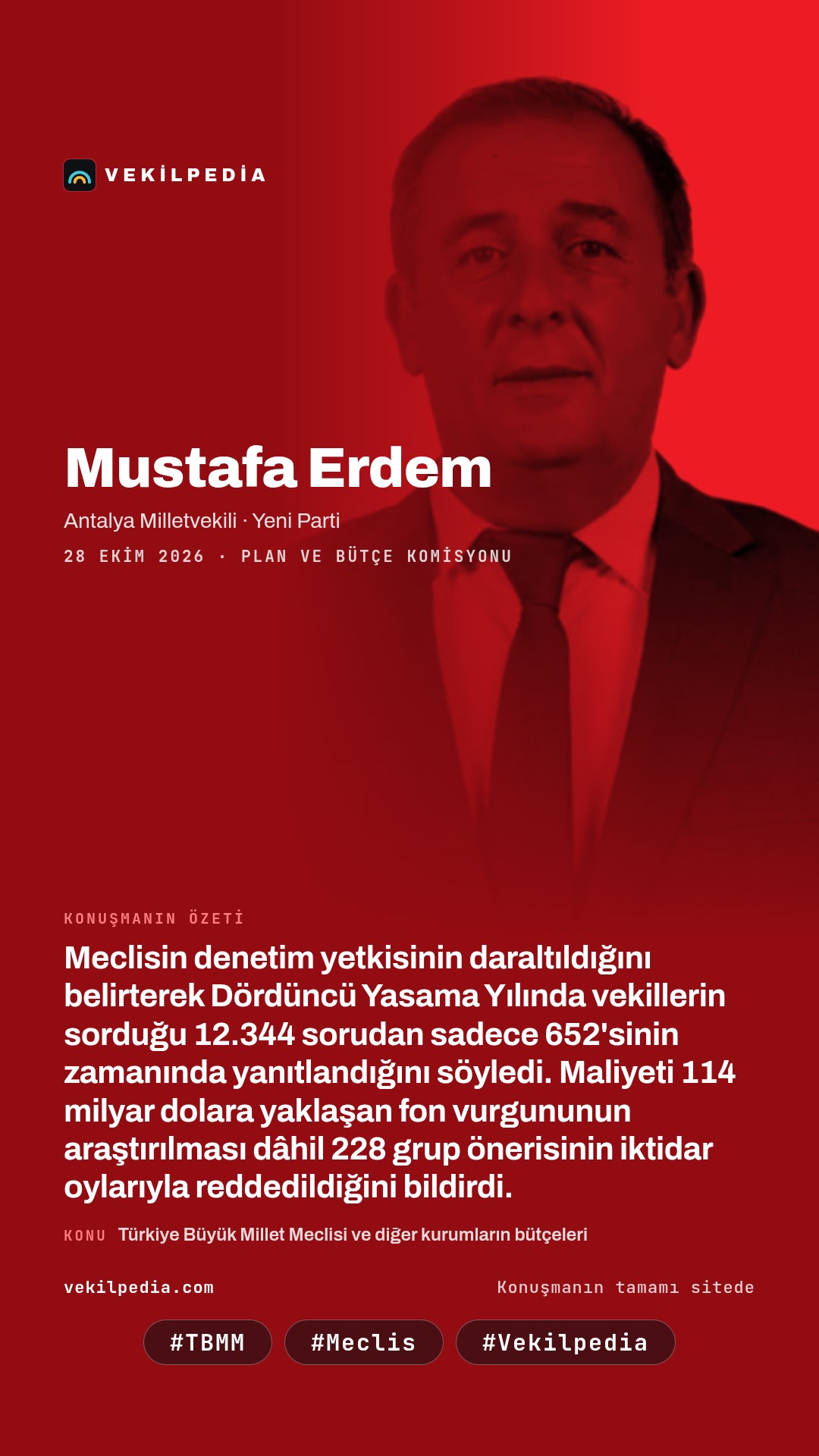 Erdem: "Meclisin denetim yetkisi daraltılmıştır" — Instagram paylaşımı