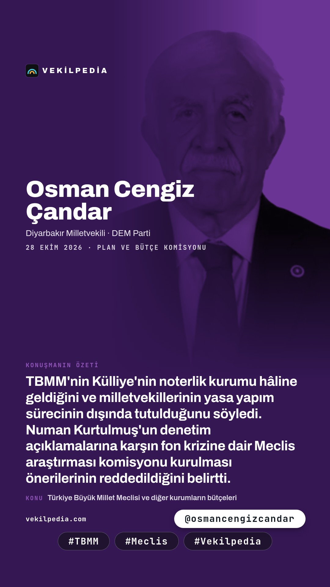 Çandar: Meclis Külliye'nin noterlik kurumu hâline gelmiştir — Instagram paylaşımı