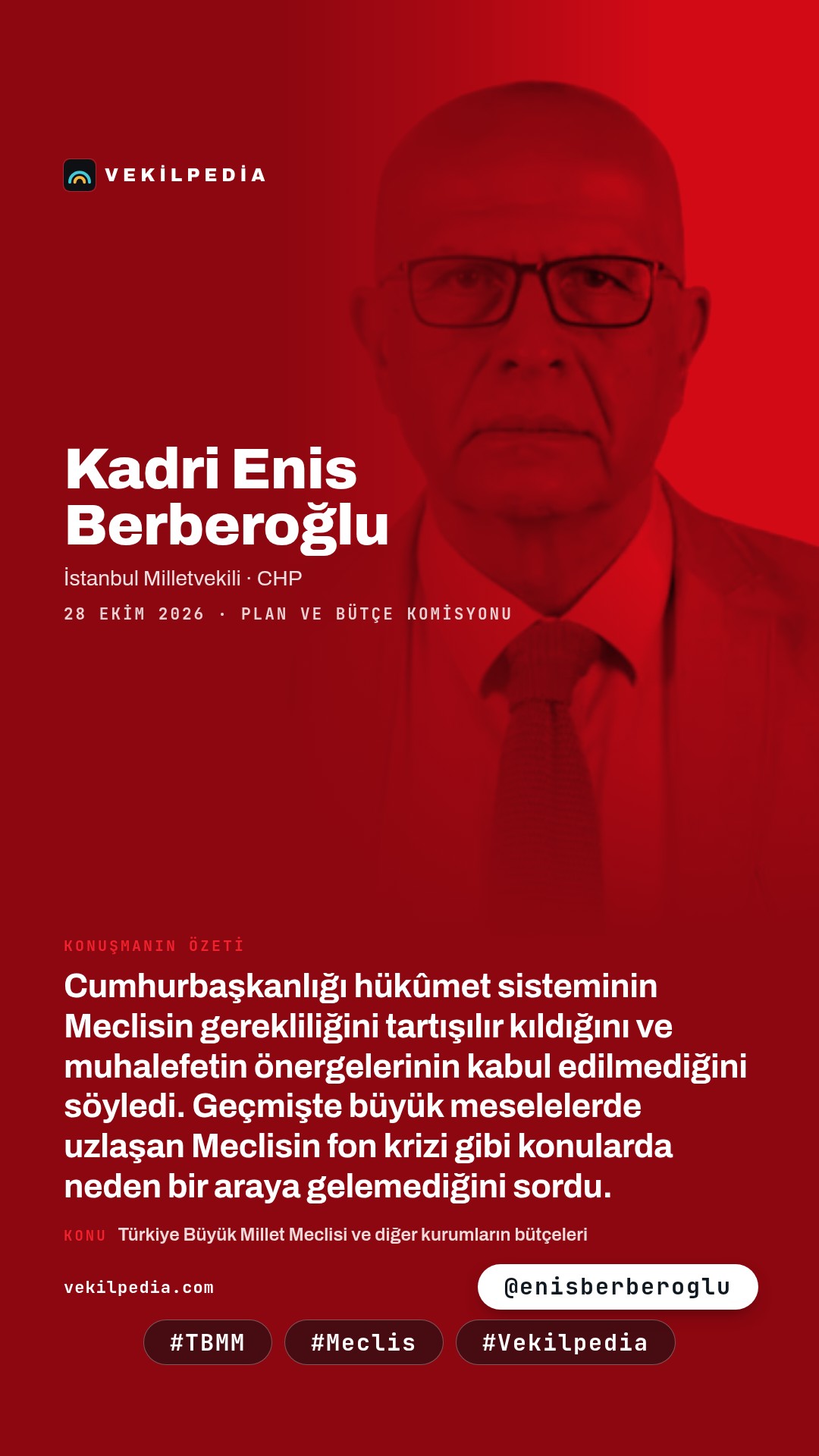 Berberoğlu: Meclisin iradesinin gösterilmesi bir rejim sorunu hâline geliyor — Instagram paylaşımı