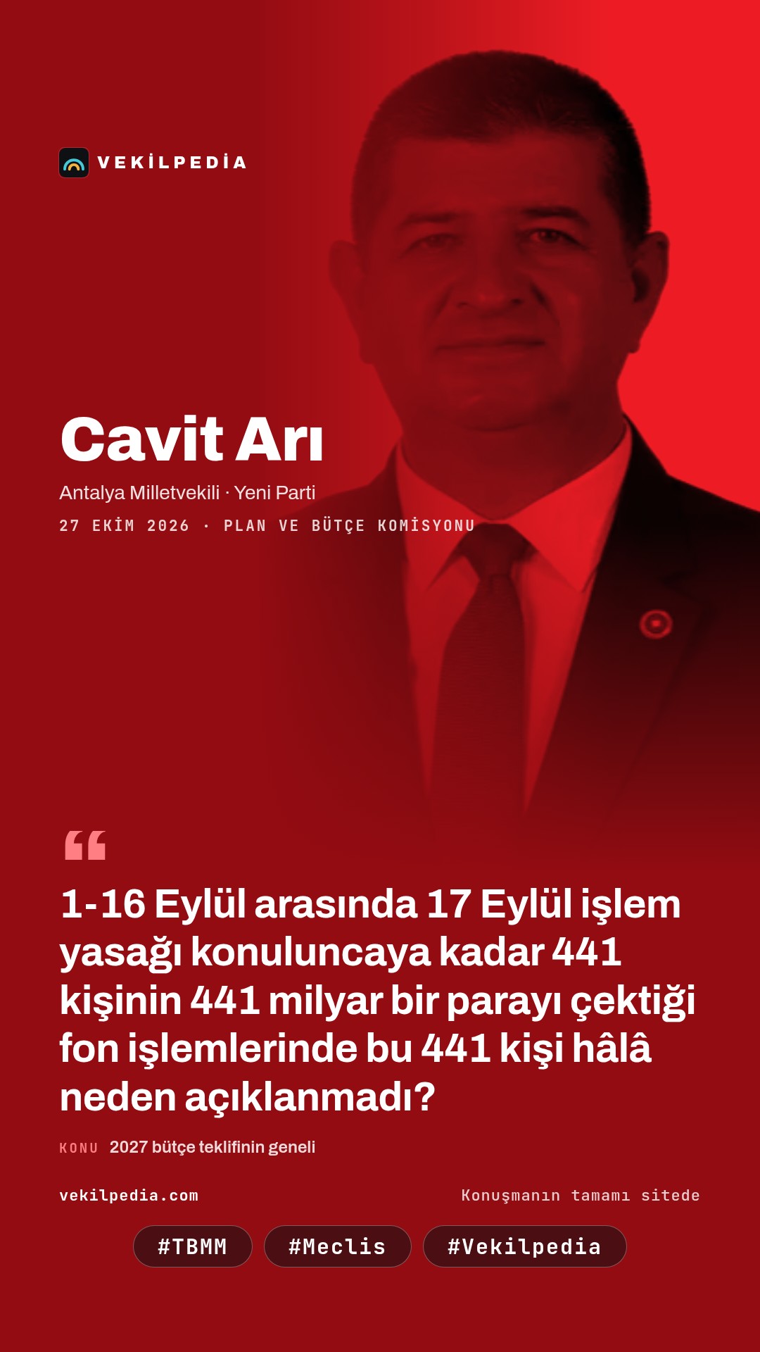 Arı: Fon işlemlerinde 441 milyar parayı çeken 441 kişi hâlâ neden açıklanmadı? — Instagram paylaşımı
