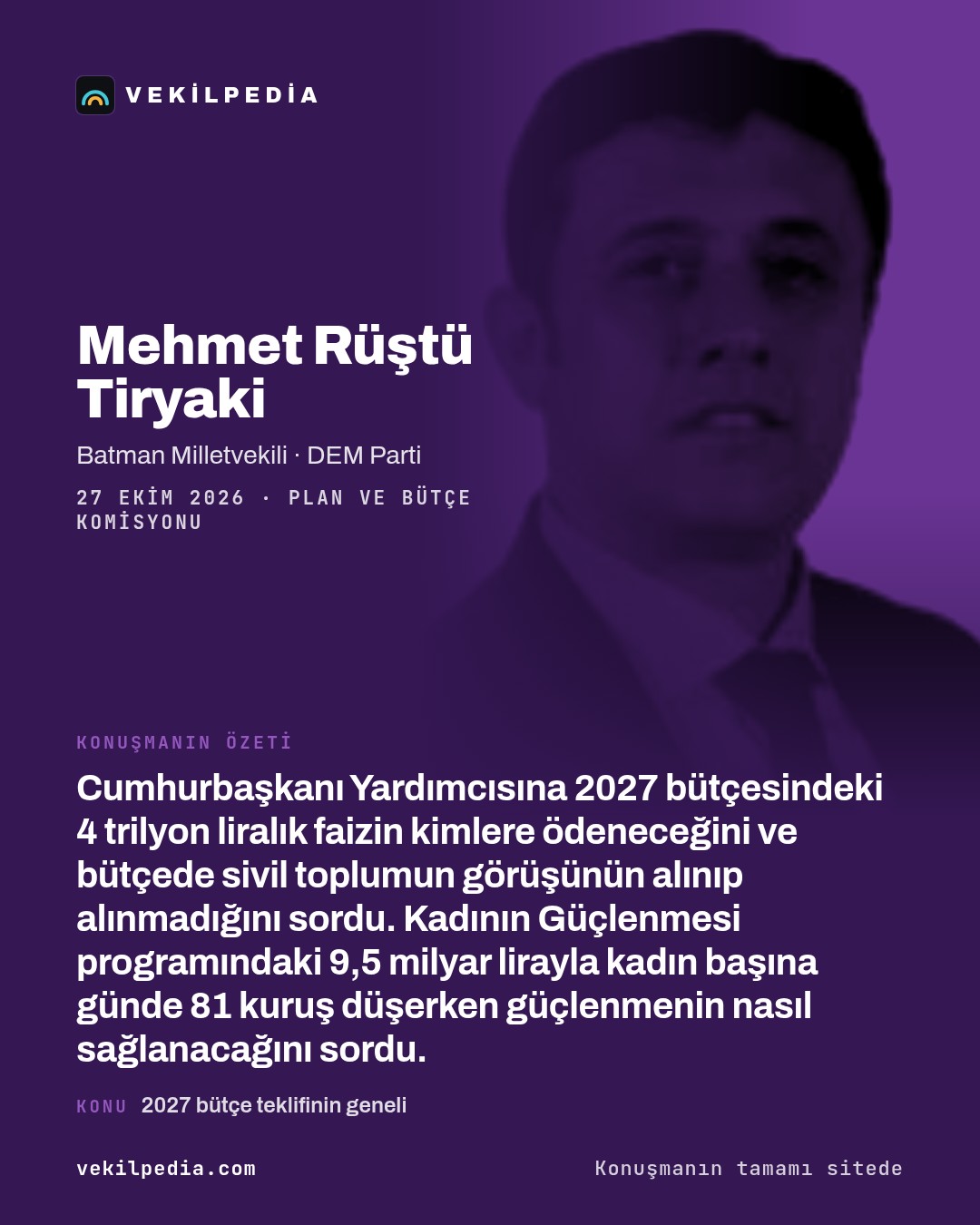 Tiryaki: Günde 81 kuruşla kadının güçlenmesini nasıl sağlamayı düşünüyorsunuz? — X paylaşımı
