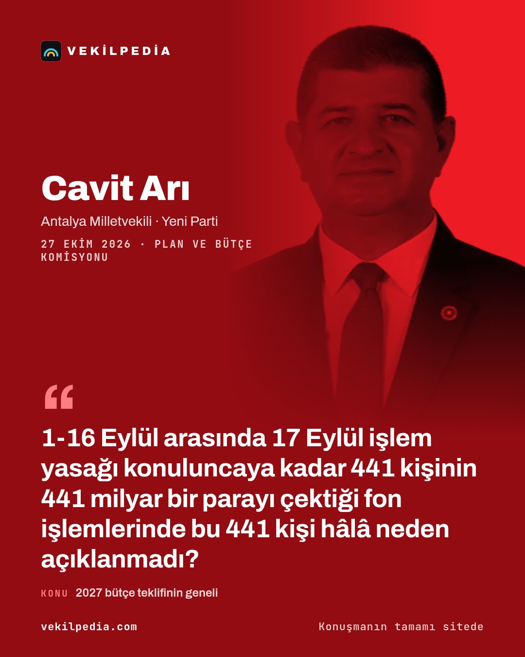 Arı: Fon işlemlerinde 441 milyar parayı çeken 441 kişi hâlâ neden açıklanmadı? — X paylaşımı